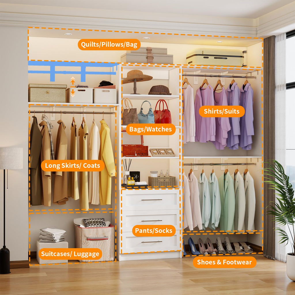 White Closet System with 3 Wood Drawers and Hanging Rods C93426