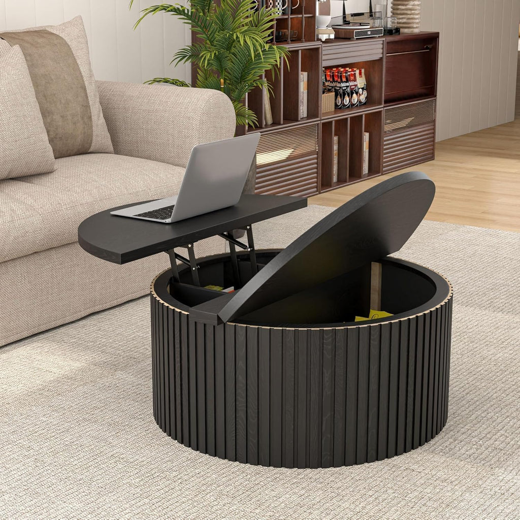 34.6" Fluted Round Lift Top Coffee Table with Hidden Storage, Black A79874