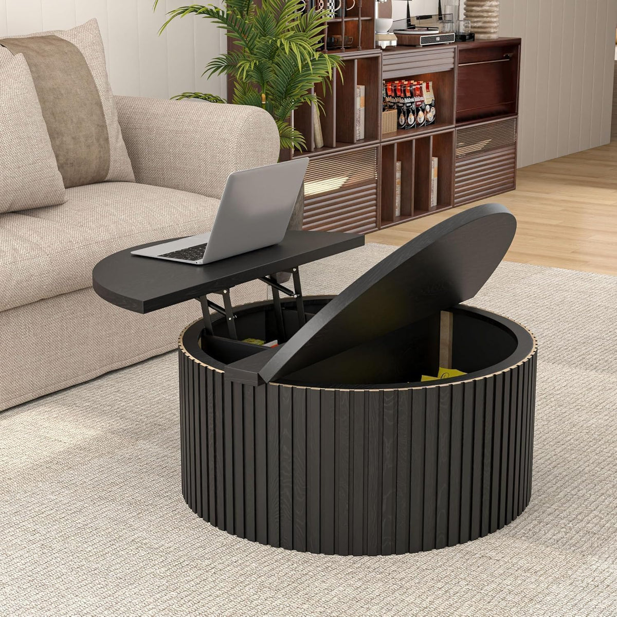 34.6" Fluted Round Lift Top Coffee Table with Hidden Storage, Black A79874