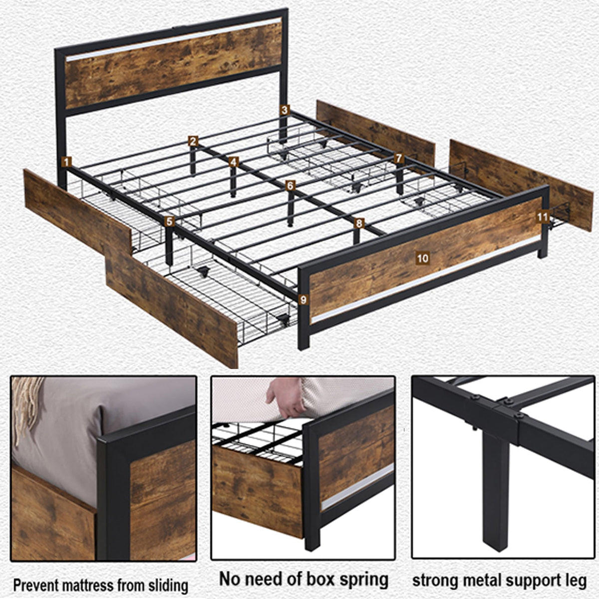 King Size Wood Bed Frame with 4 Storage Drawers G232010