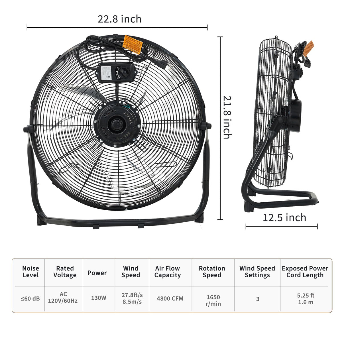 20" High Velocity Floor Fan, 4800 CFM Heavy Duty Industrial Metal Fan with 3 Speeds Y21826