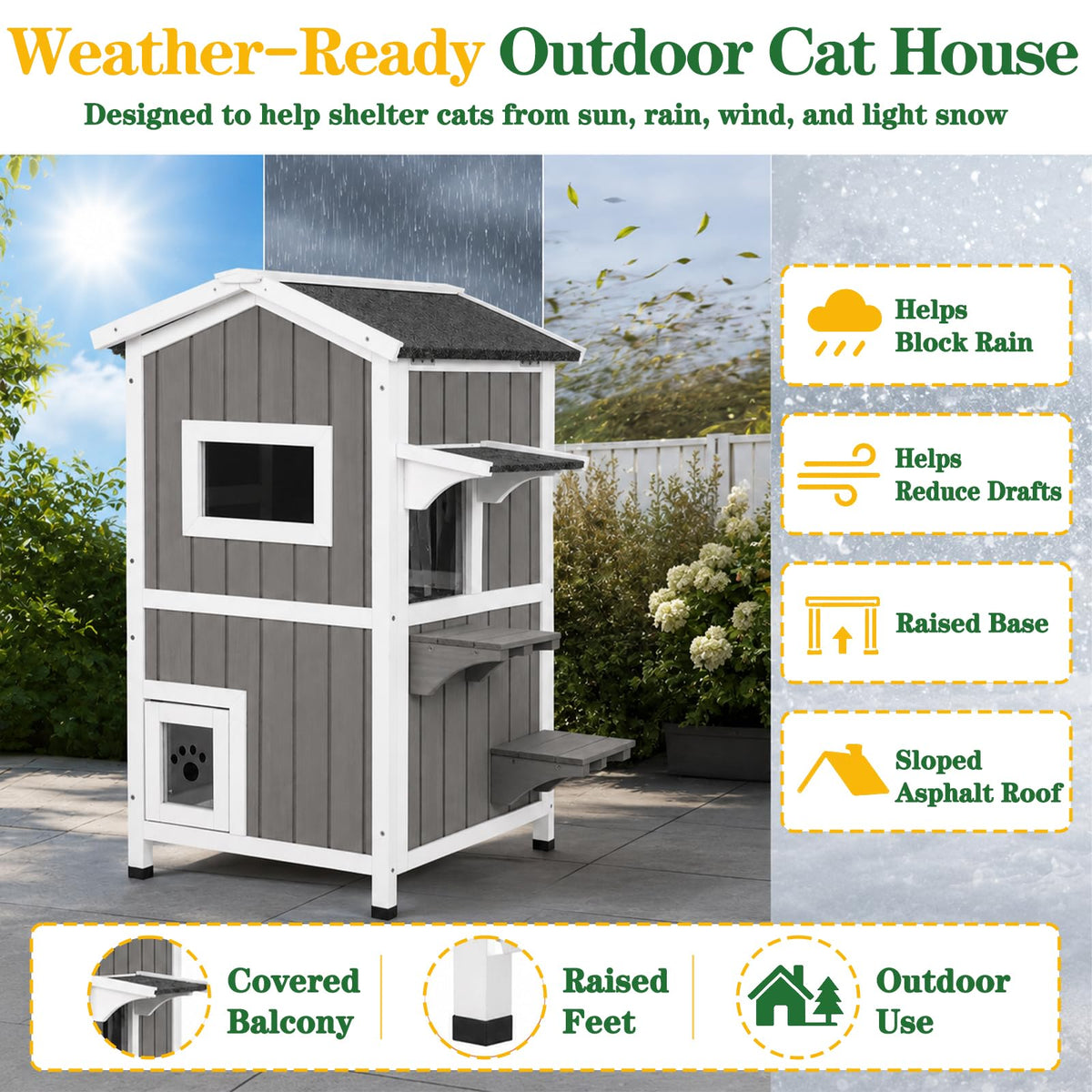 Weatherproof 2-Story Outdoor Cat House with Feeding Station H148078