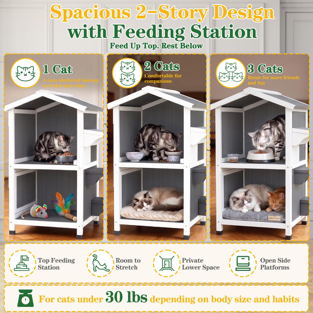 Weatherproof 2-Story Outdoor Cat House with Feeding Station H148078