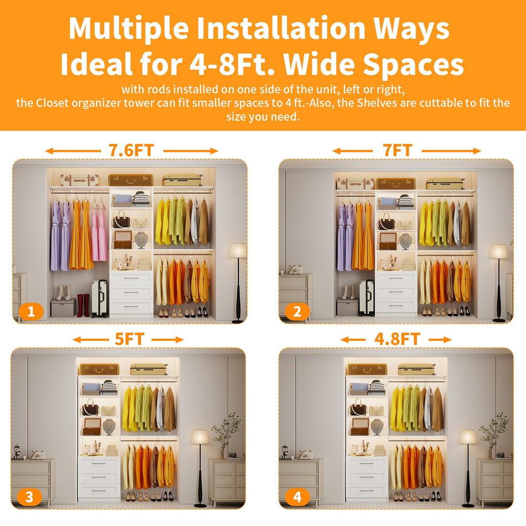 White Closet System with 3 Wood Drawers and Hanging Rods C93426