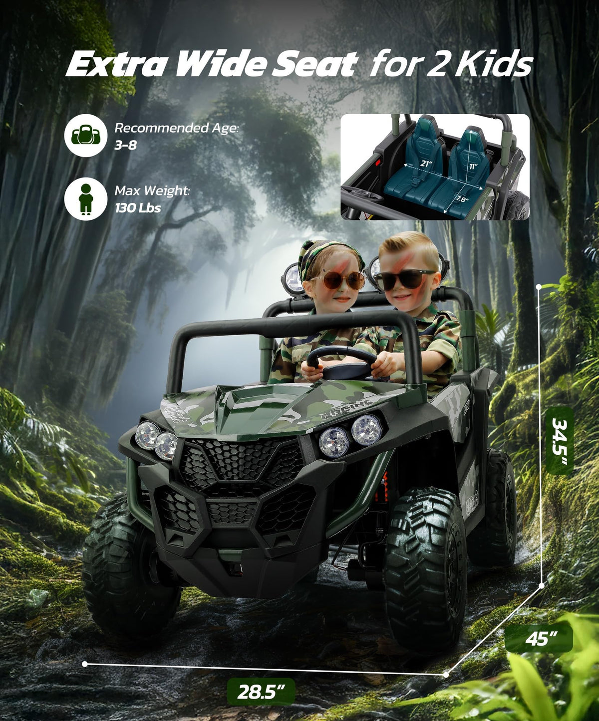 2 Seater 24V Battery Powered Ride on Car with Remote Control, Camouflage Green Y25653