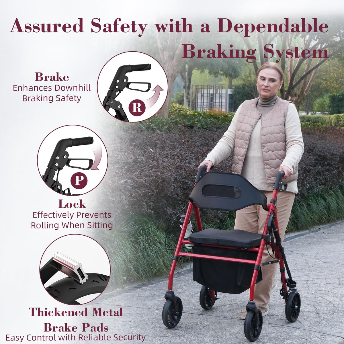 Foldable Rollator Walker with Seat, 8" Wheels, Red U667669