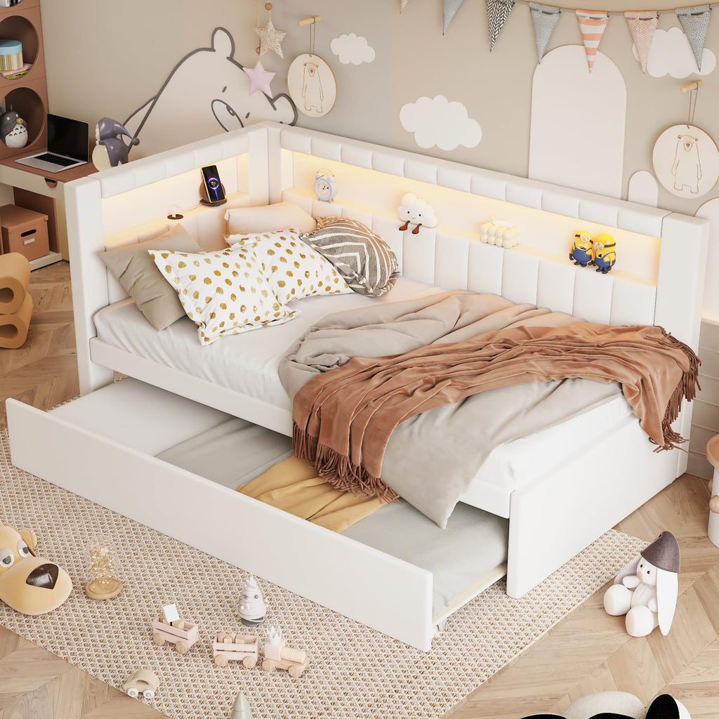 White Twin Size Upholstered Daybed with Trundle and USB Ports W939373