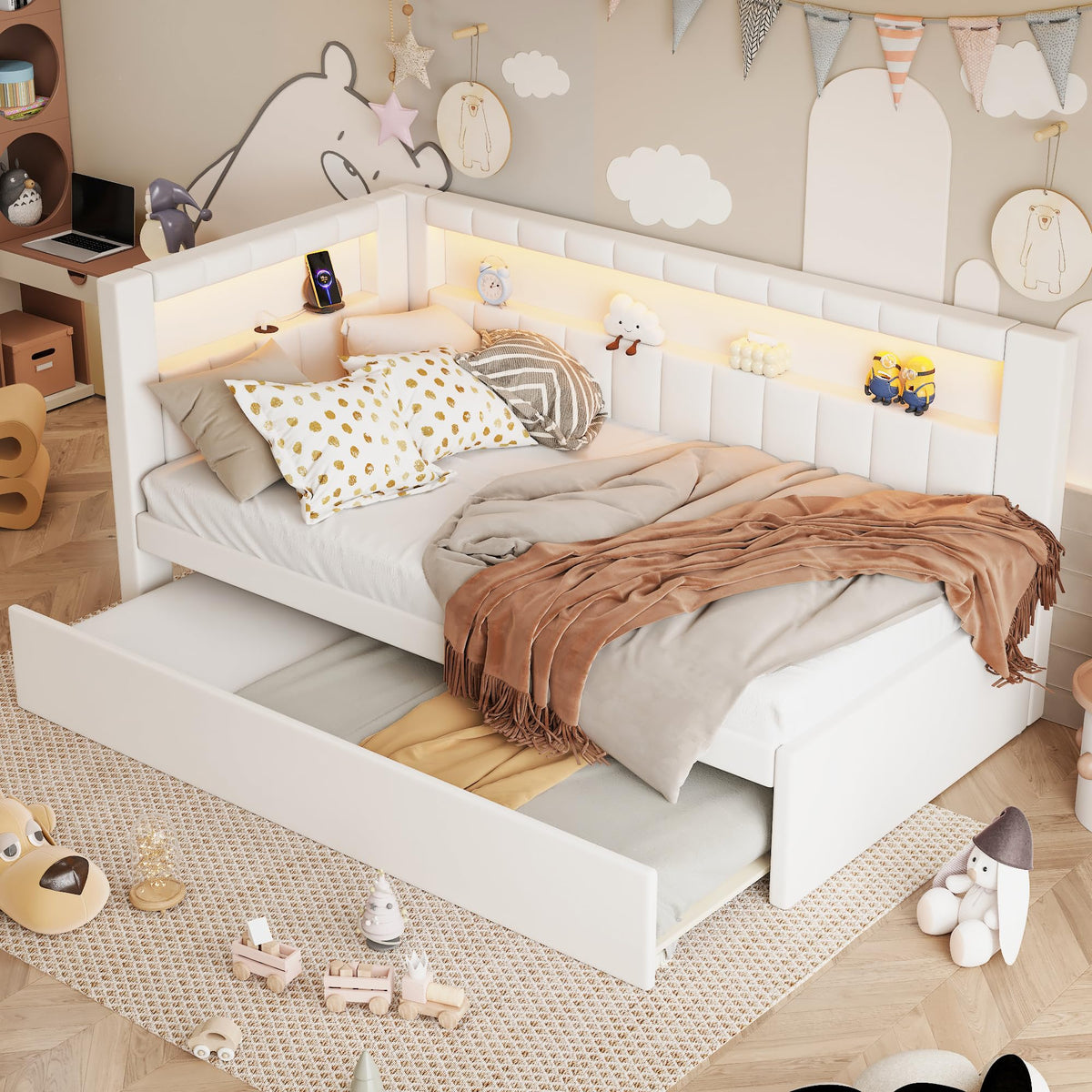 White Twin Size Upholstered Daybed with Trundle and USB Ports W939373