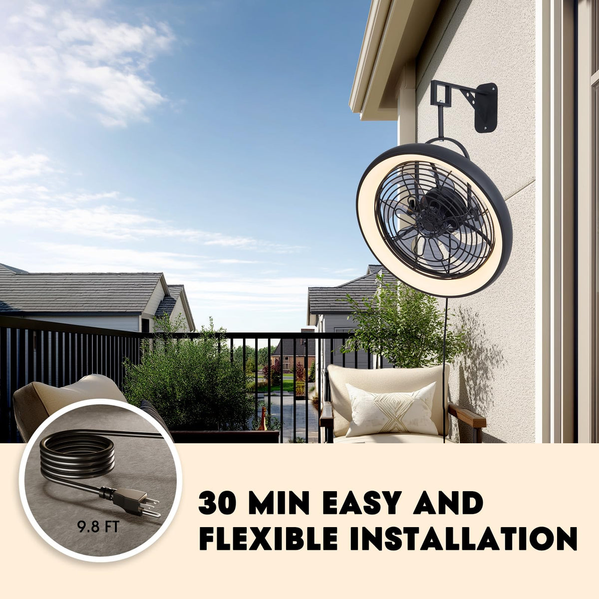 Wall Mounted Fan with Lights, 20” 6 Speeds Reversible Dimmable O6112