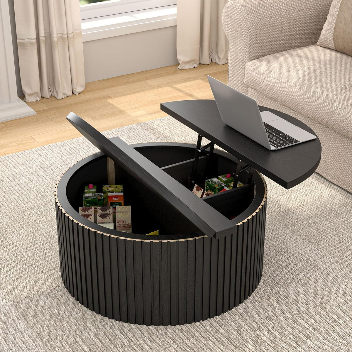 34.6" Fluted Round Lift Top Coffee Table with Hidden Storage, Black A79874