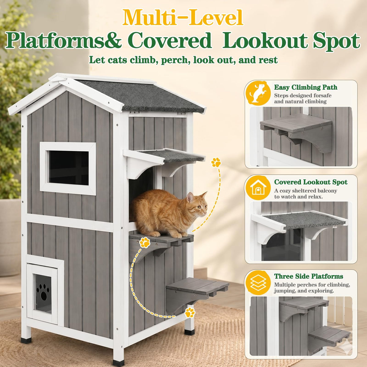 Weatherproof 2-Story Outdoor Cat House with Feeding Station H148078