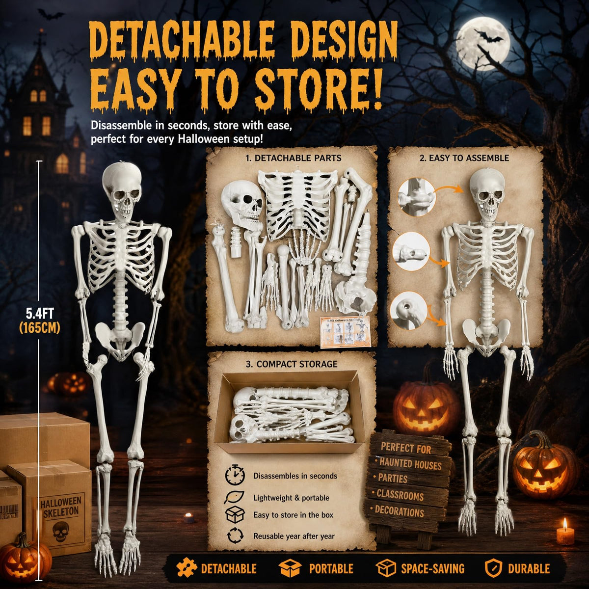 5.4FT Halloween Skeleton with Movable Joints D549934