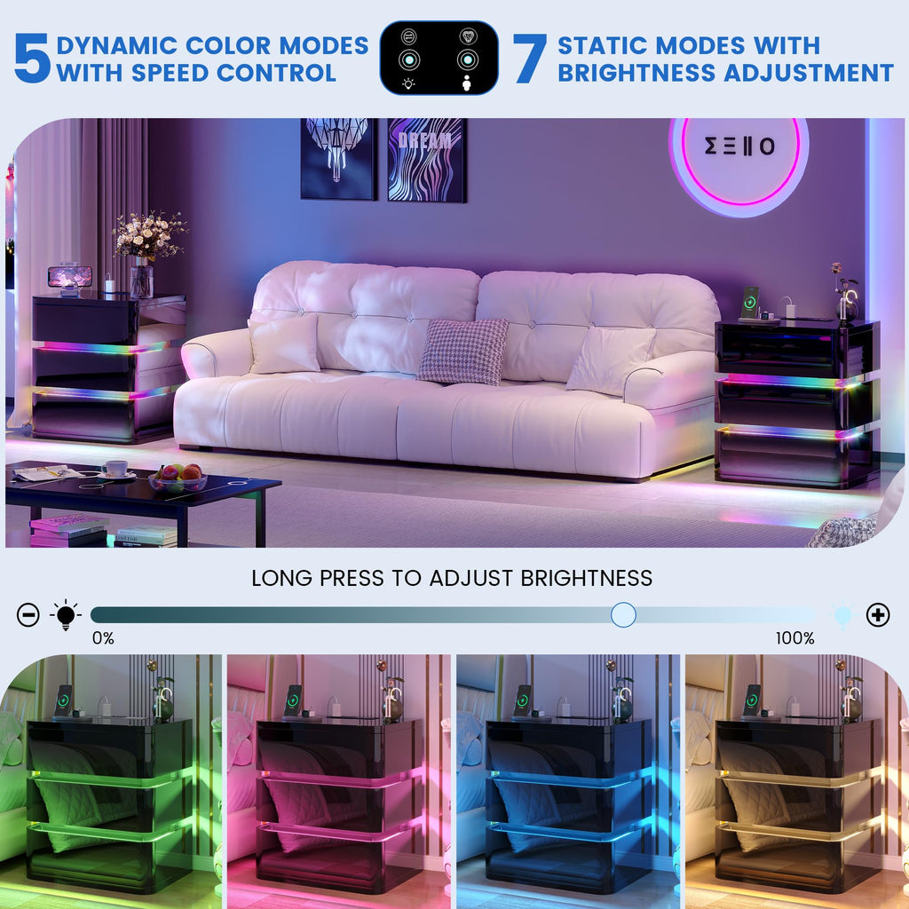 3-Drawer Nightstand with Charging Station & LED Lights R577353