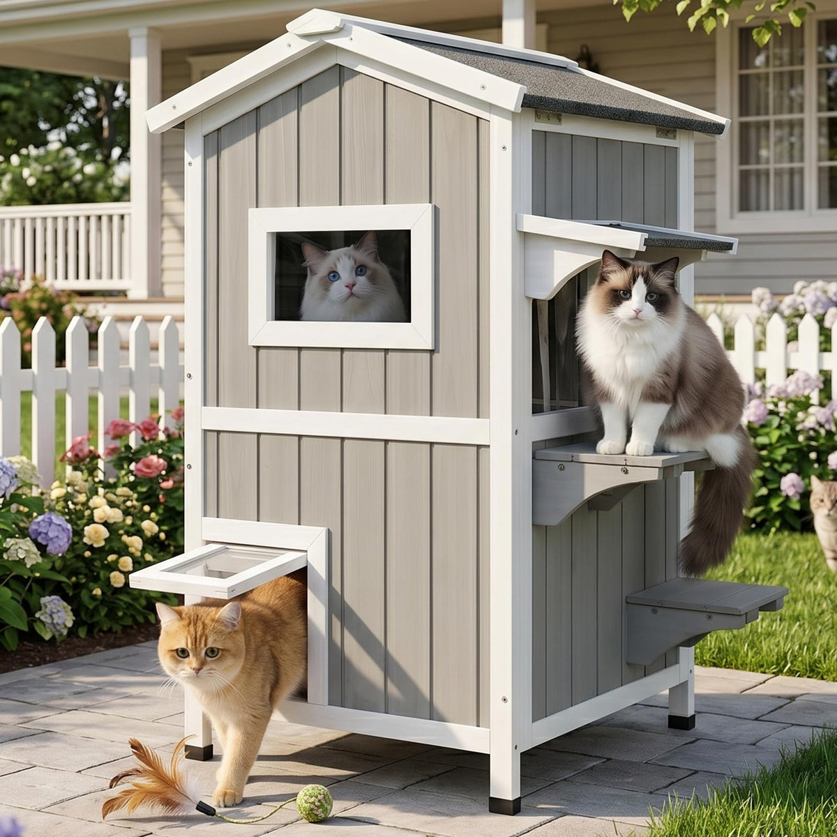 Weatherproof 2-Story Outdoor Cat House with Feeding Station H148078