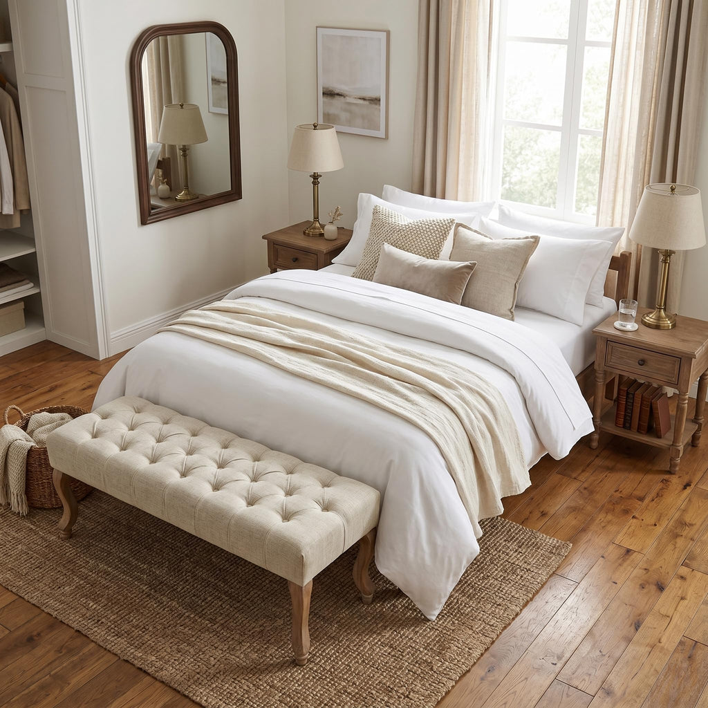 40" Beige Linen Fabric Upholstered Tufted Bench with Distressed Wood Legs T46359