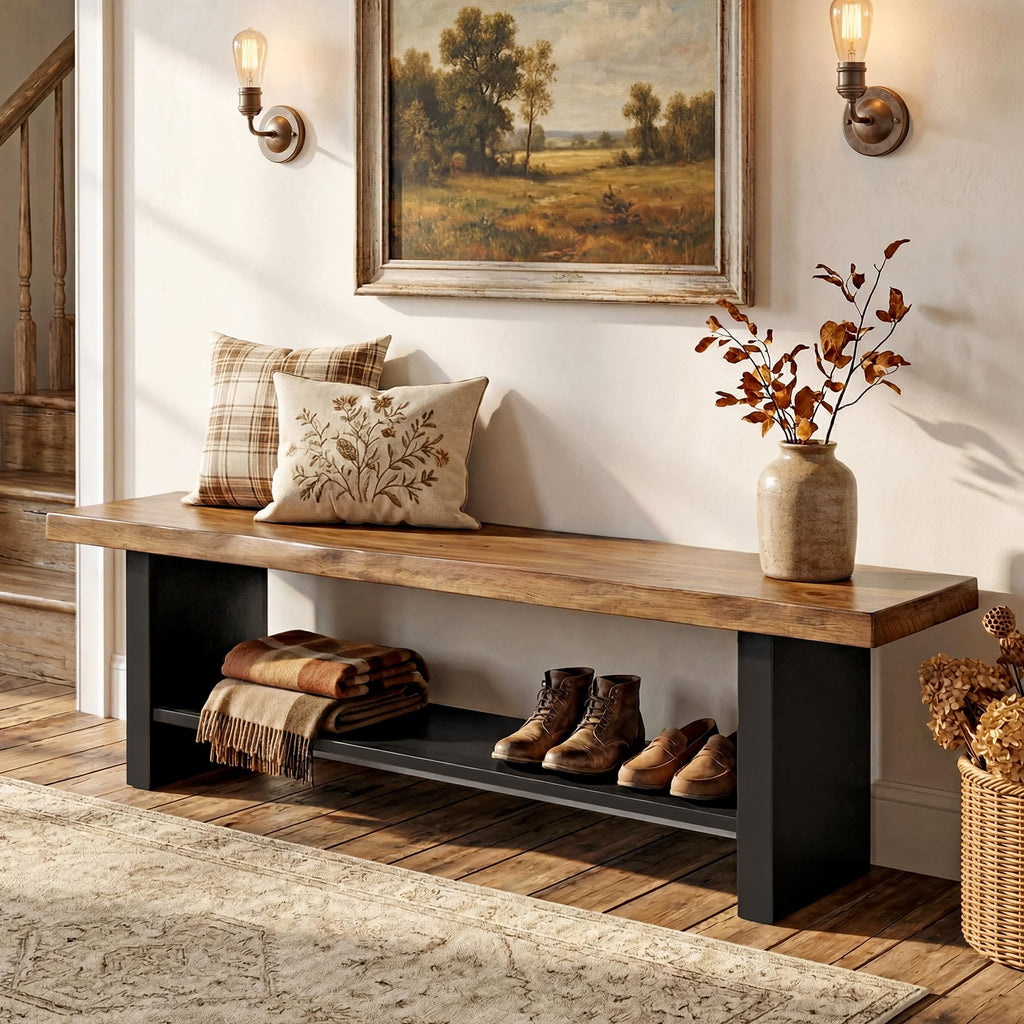 55" Solid Wood 2-Tier Shoe Storage Bench Z68723