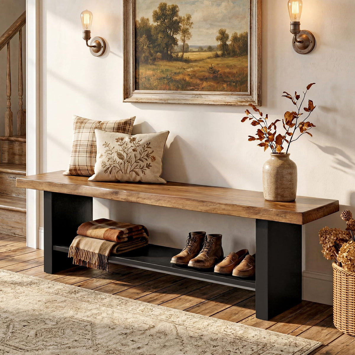 55" Solid Wood 2-Tier Shoe Storage Bench Z68723