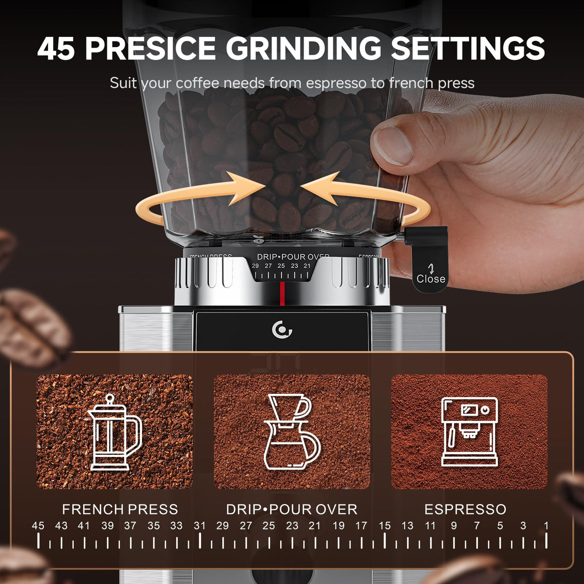 Conical Burr Coffee Grinder with 45 Grind Settings T803