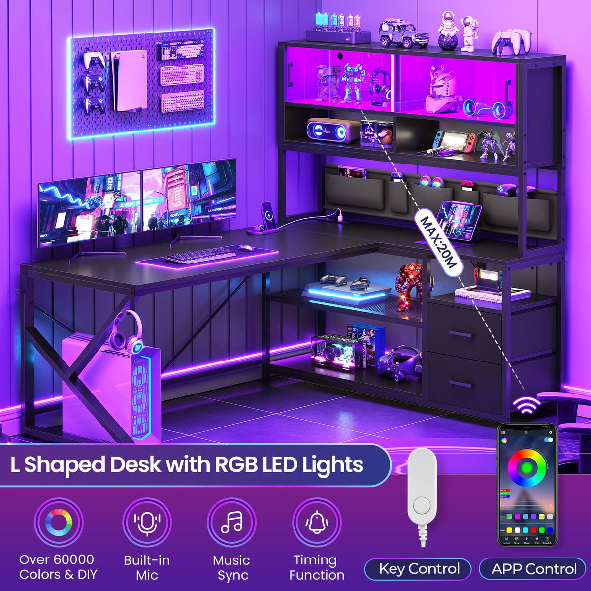 L Shaped Gaming Desk with 2 Drawer H37781