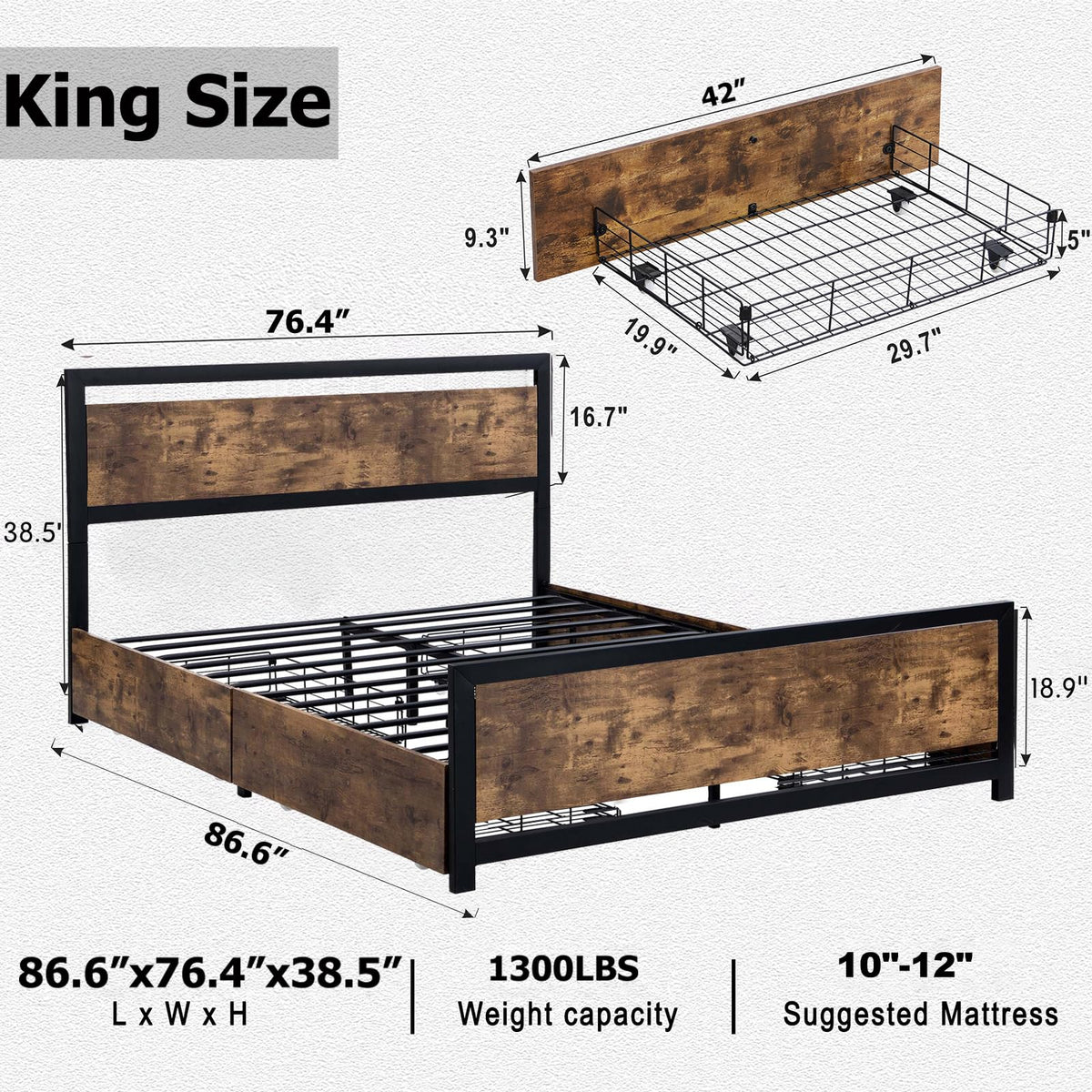 King Size Wood Bed Frame with 4 Storage Drawers G232010