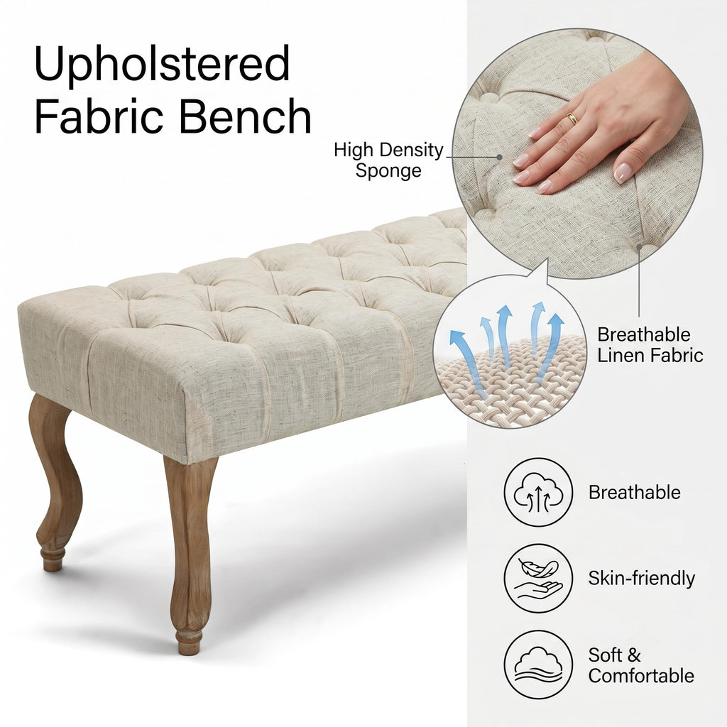40" Beige Linen Fabric Upholstered Tufted Bench with Distressed Wood Legs T46359