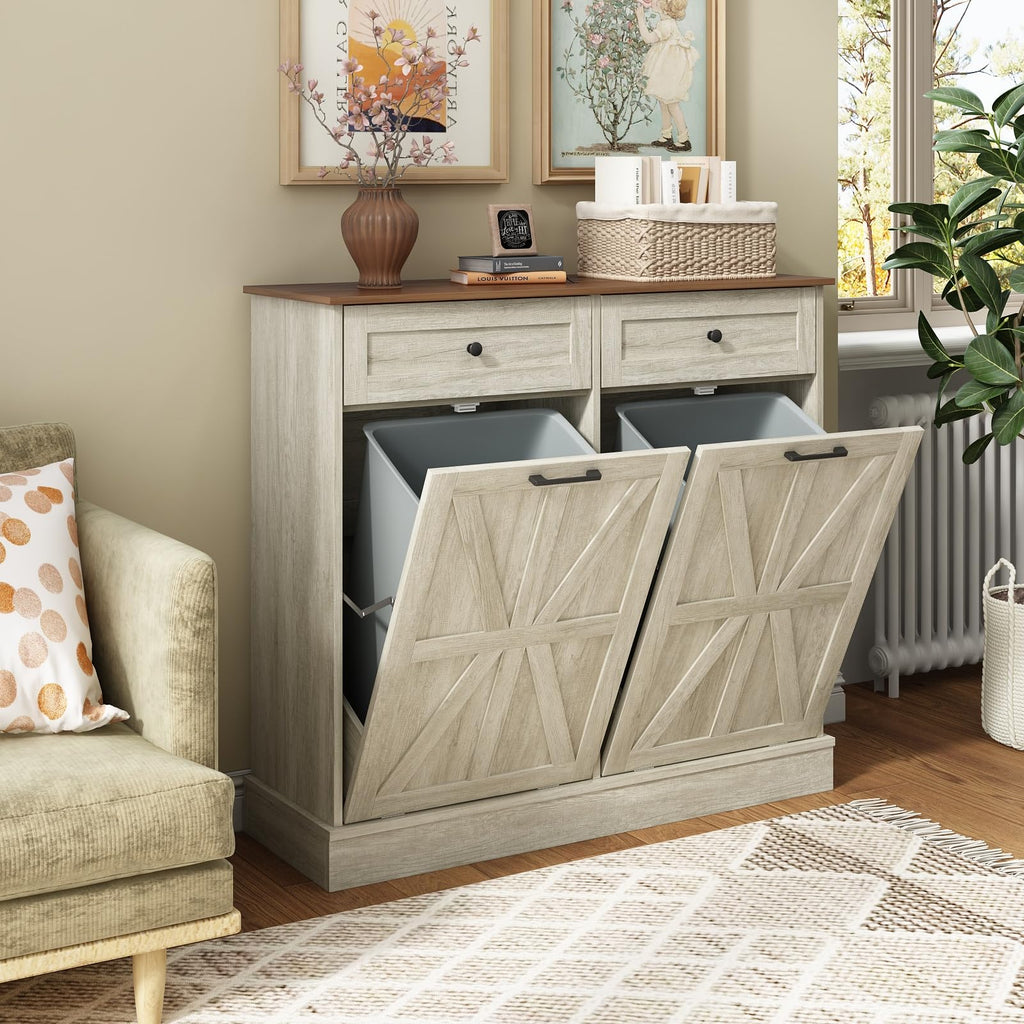 Double Tilt Out Trash Bin Holder Walnut White Wooden 10 Gallon M416