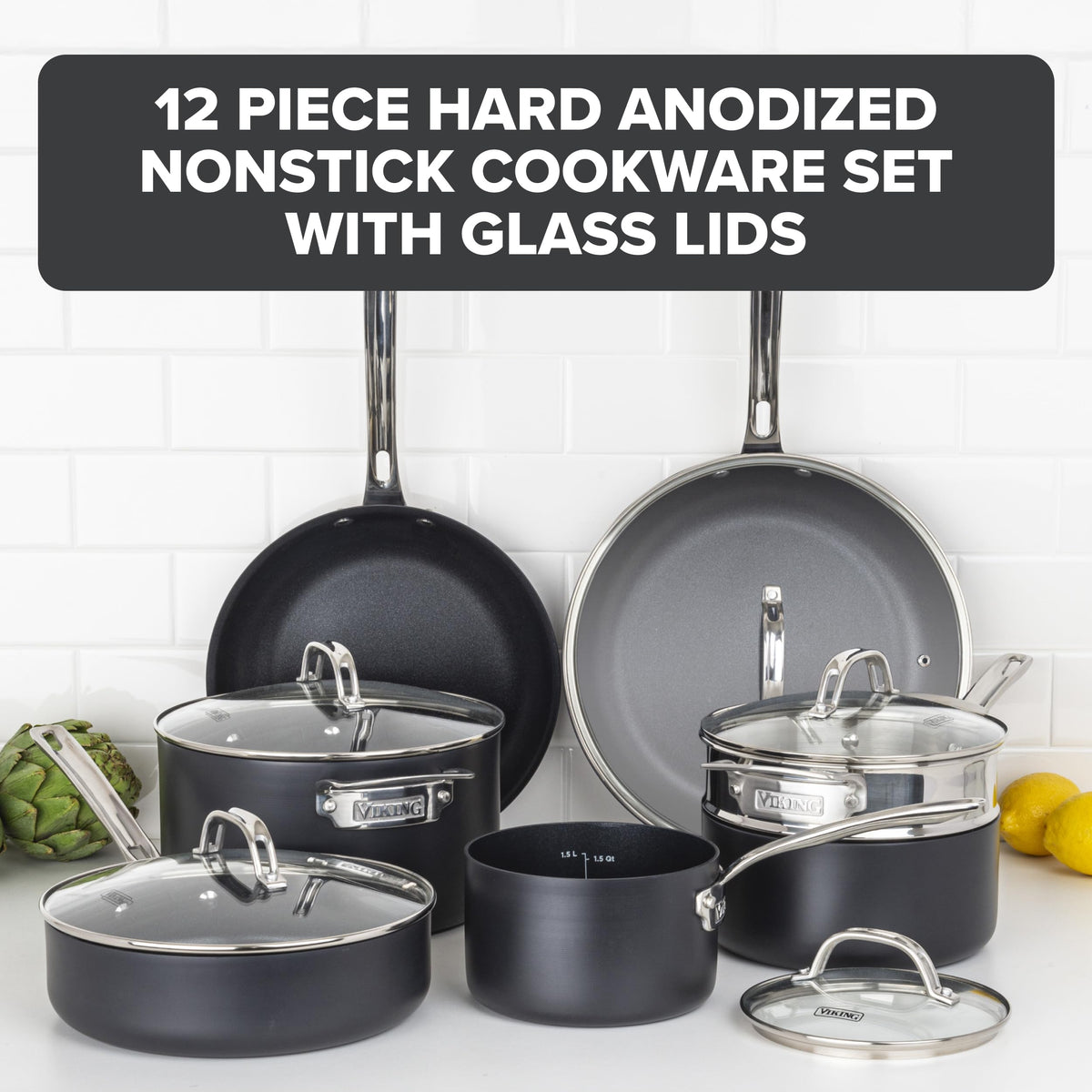 12 Piece Non Stick Hard Anodized Cookware Set with Glass Lids C9398