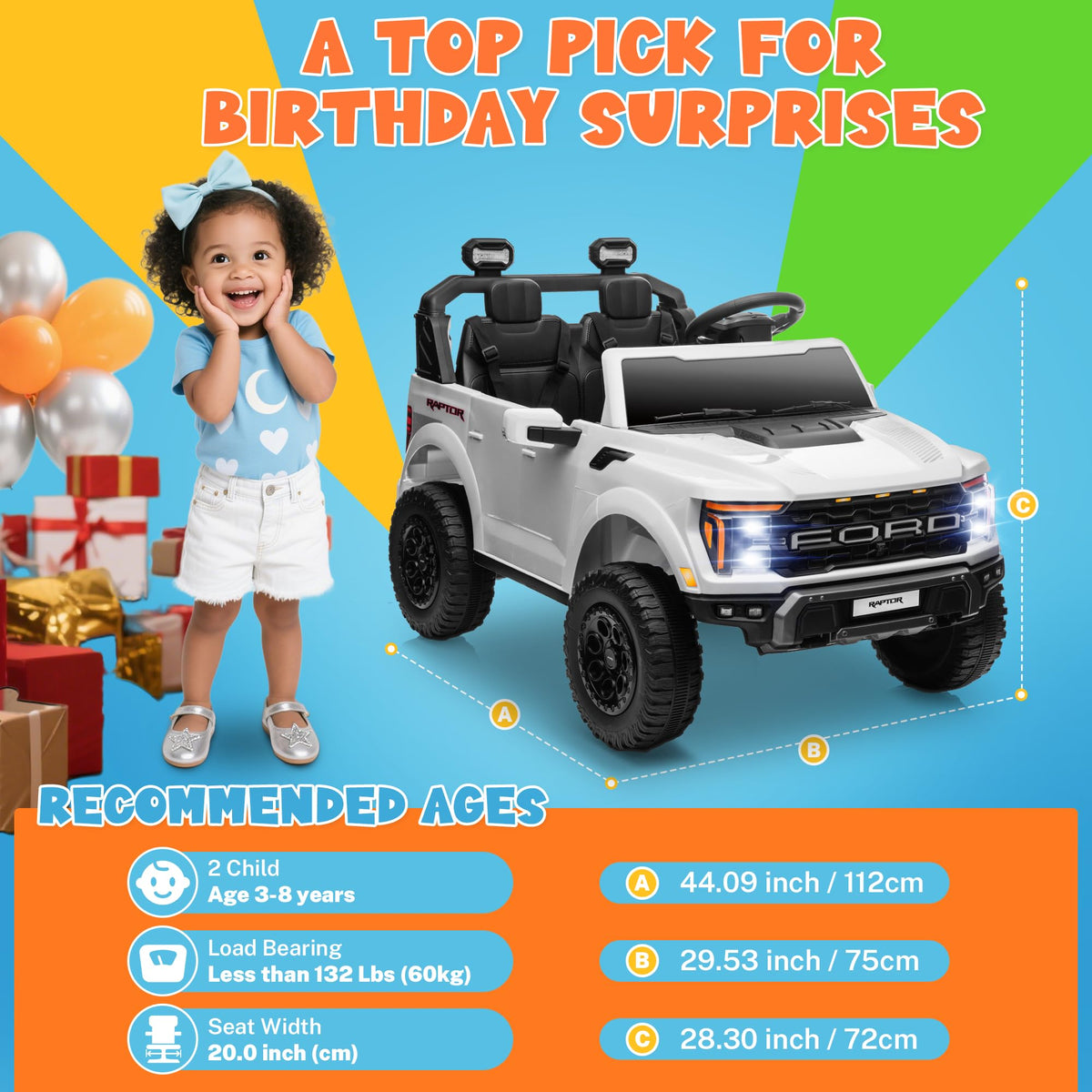White 24V 2 Seater Kids Ride on Truck with Parent Remote Control E847883