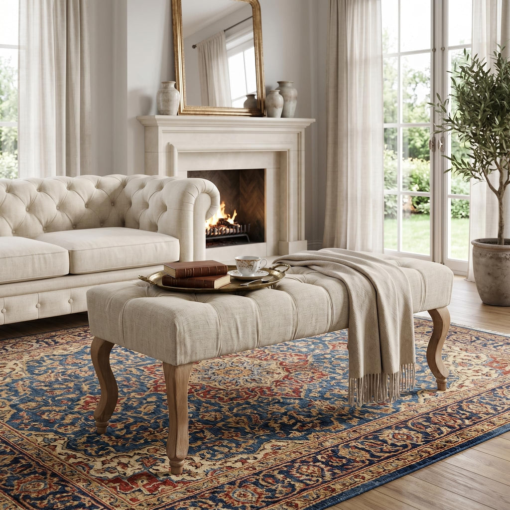 40" Beige Linen Fabric Upholstered Tufted Bench with Distressed Wood Legs T46359