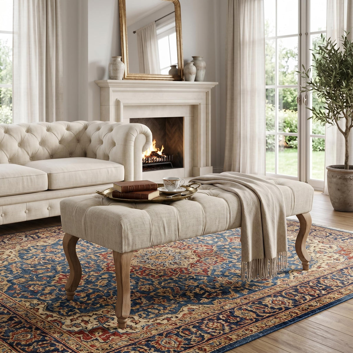 40" Beige Linen Fabric Upholstered Tufted Bench with Distressed Wood Legs T46359