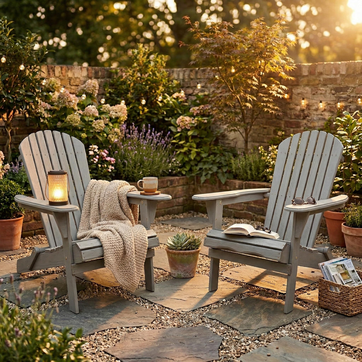 Wood Lounge Patio Chair Set of 2, Folding Adirondack Chairs, Solid Cedar Wood B8469
