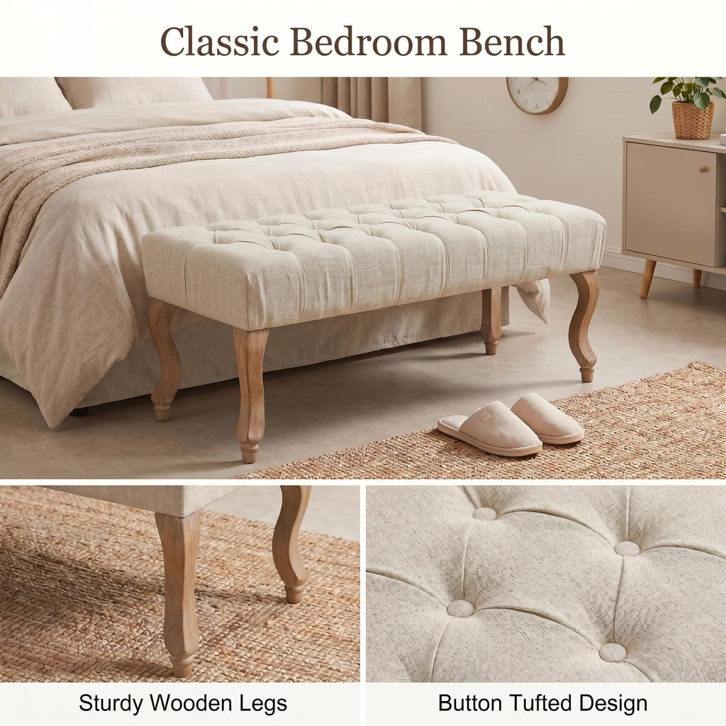 40" Beige Linen Fabric Upholstered Tufted Bench with Distressed Wood Legs T46359