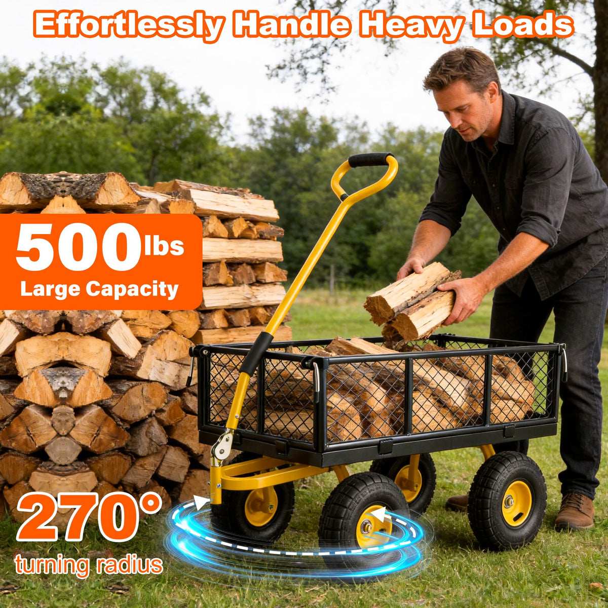 Heavy Duty Steel Garden Cart with Handle & 10" All Terrain Tires D64944
