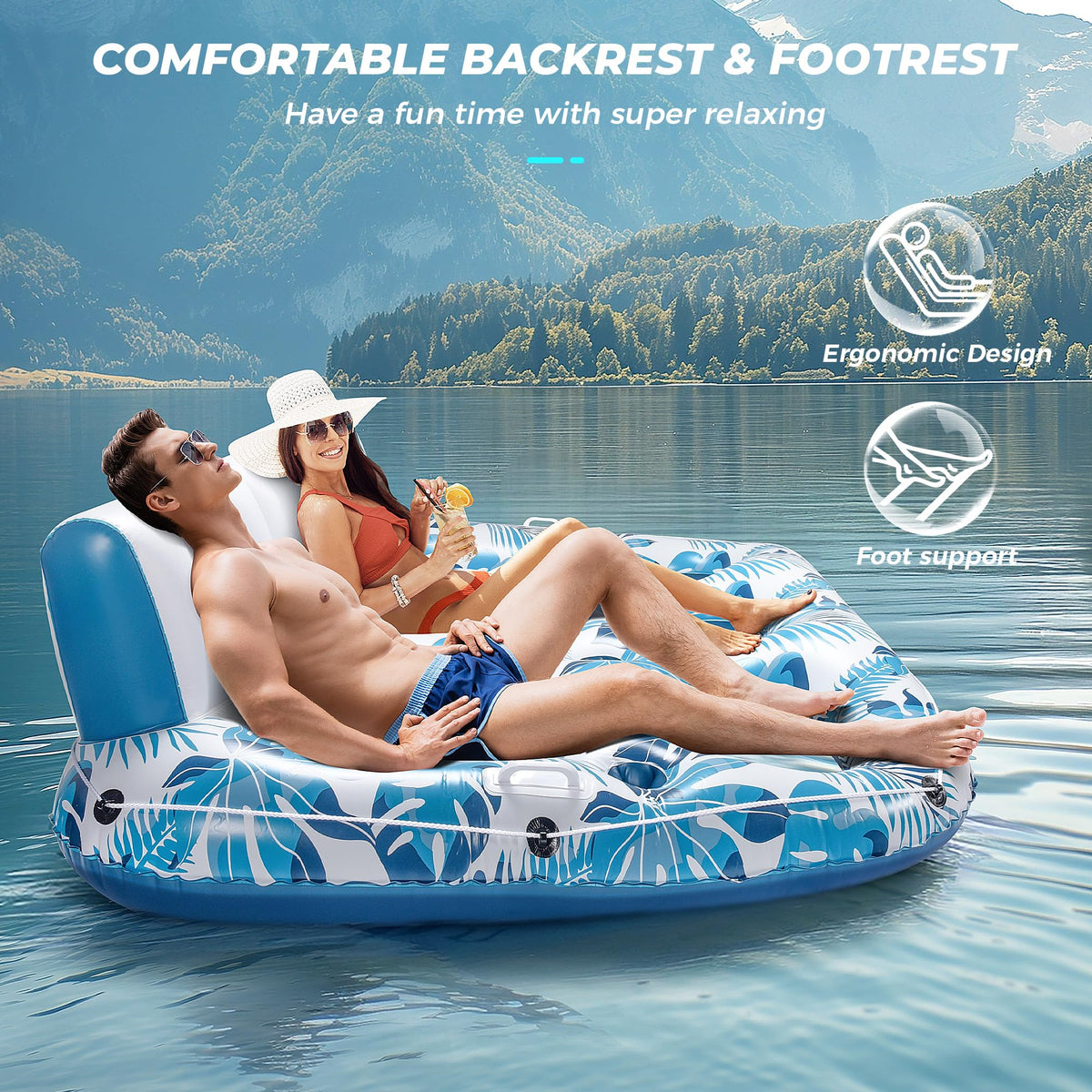 Inflatable Pool Float Lounger with Backrest, Footrest, Cup Holder W29740