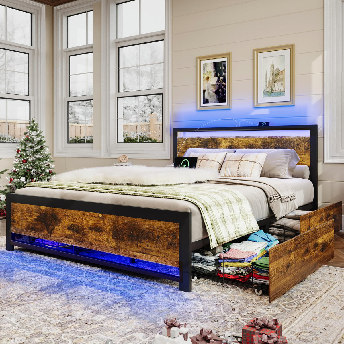 King Size Wood Bed Frame with 4 Storage Drawers G232010