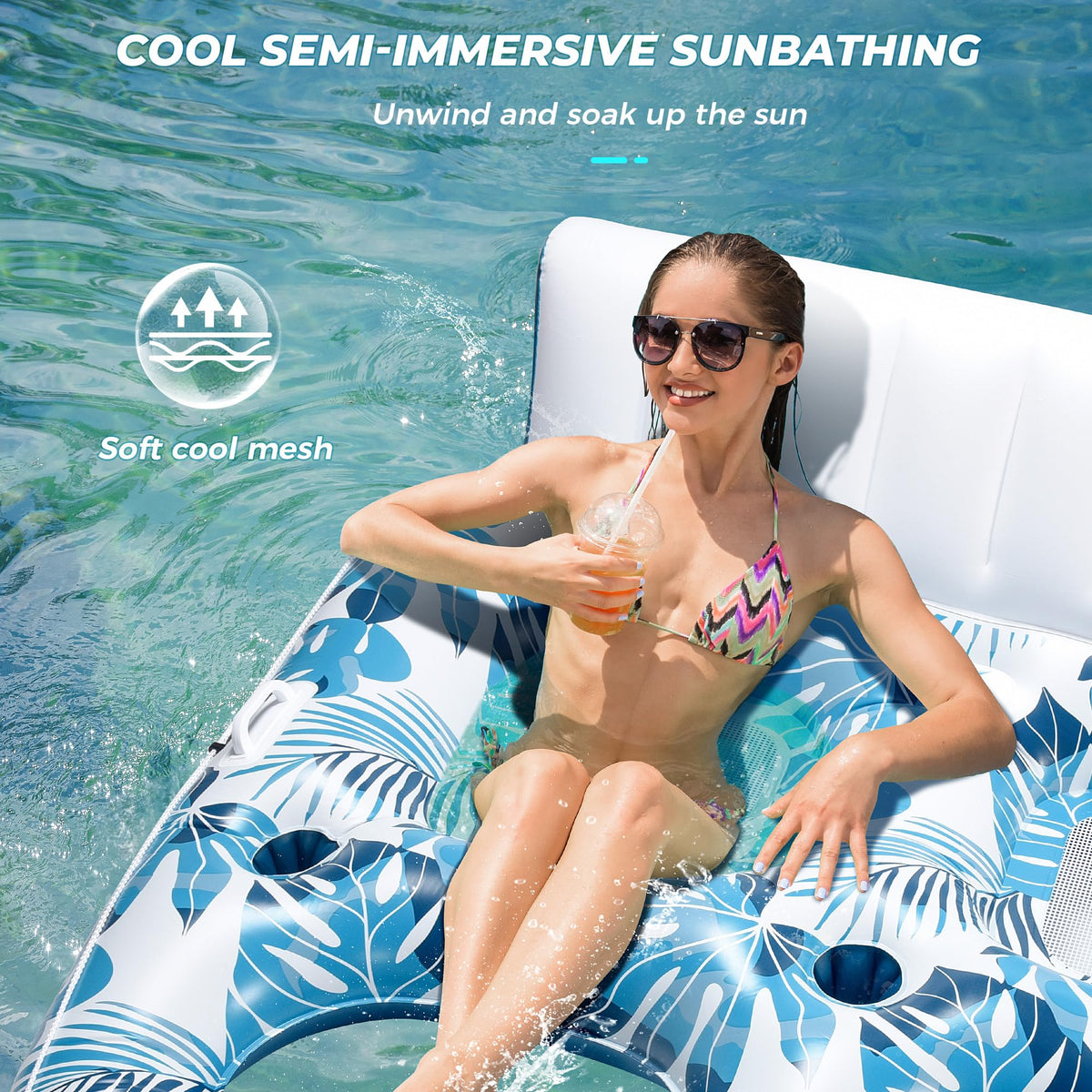 Inflatable Pool Float Lounger with Backrest, Footrest, Cup Holder W29740