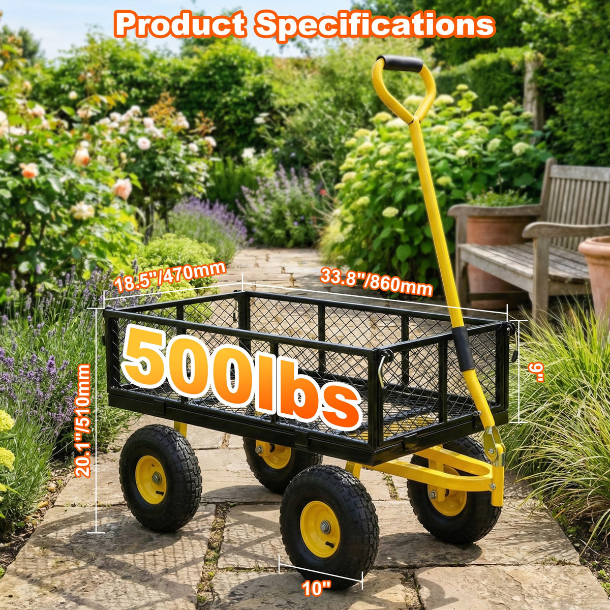 Heavy Duty Steel Garden Cart with Handle & 10" All Terrain Tires D64944