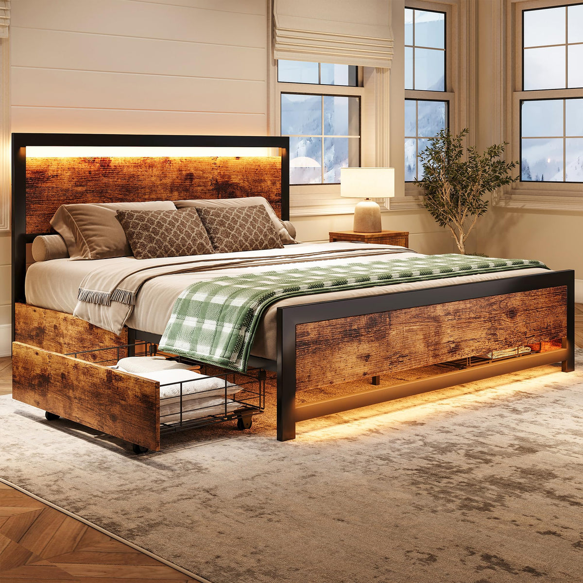 King Size Wood Bed Frame with 4 Storage Drawers G232010
