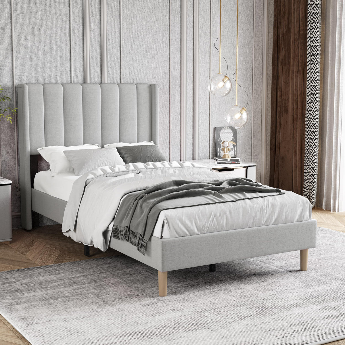 Twin Size Light Gray Linen Upholstered Bed Frame J844598