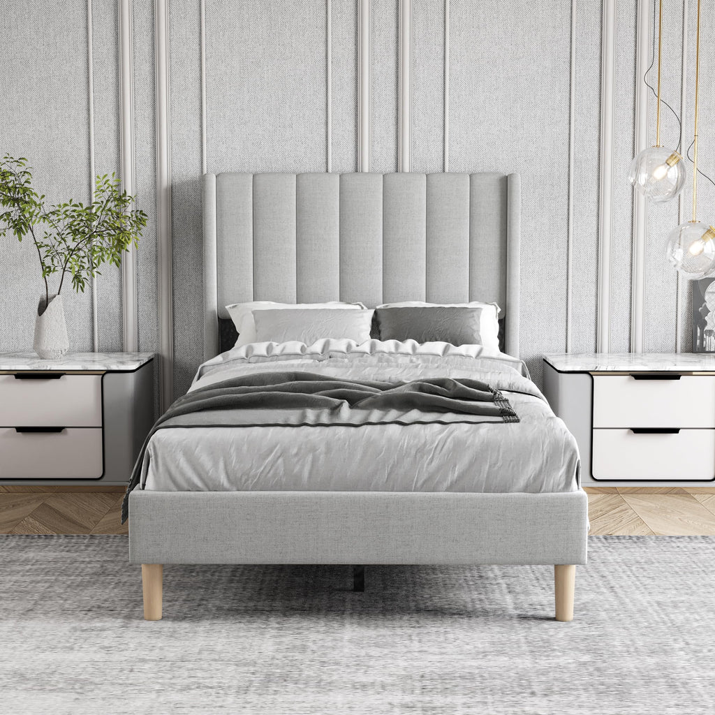 Twin Size Light Gray Linen Upholstered Bed Frame J844598