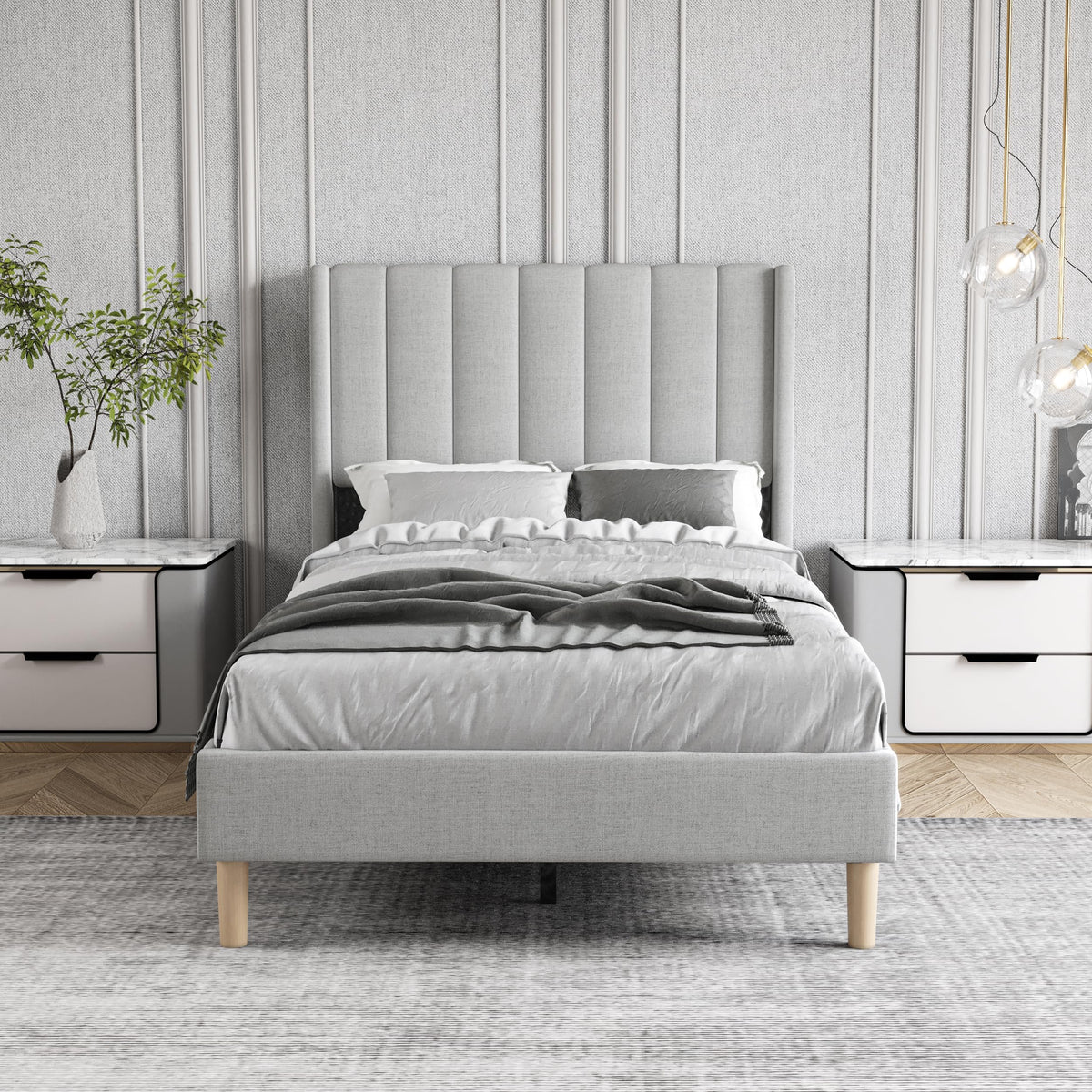 Twin Size Light Gray Linen Upholstered Bed Frame J844598